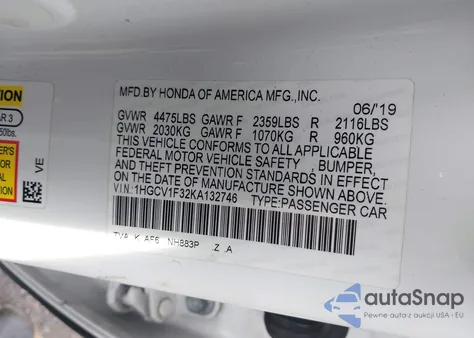 2019 Honda Accord Sport из США, поврежденный, VIN 1HGCV1F32KA132746